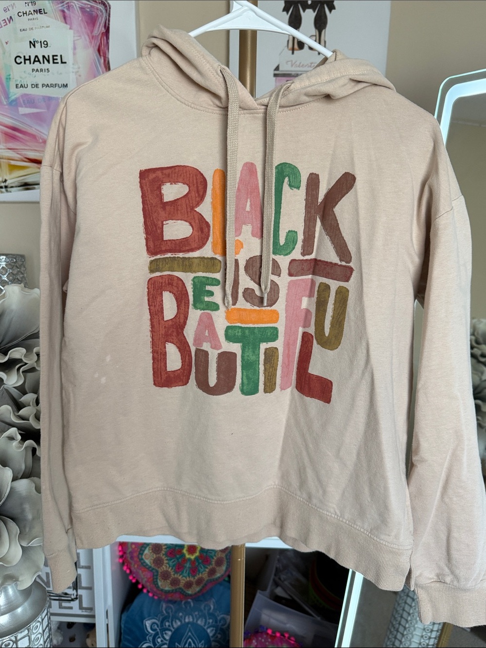 Well Worn Beige Hoodie Sweater with Multicolor 'Black Is Beautiful' Graphic